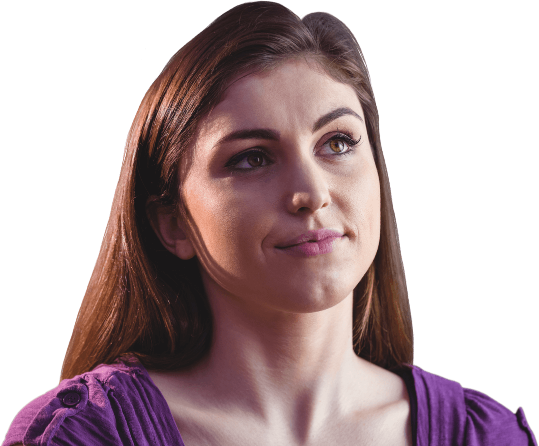 Smiling Caucasian Woman Looking Upwards on Transparent Background