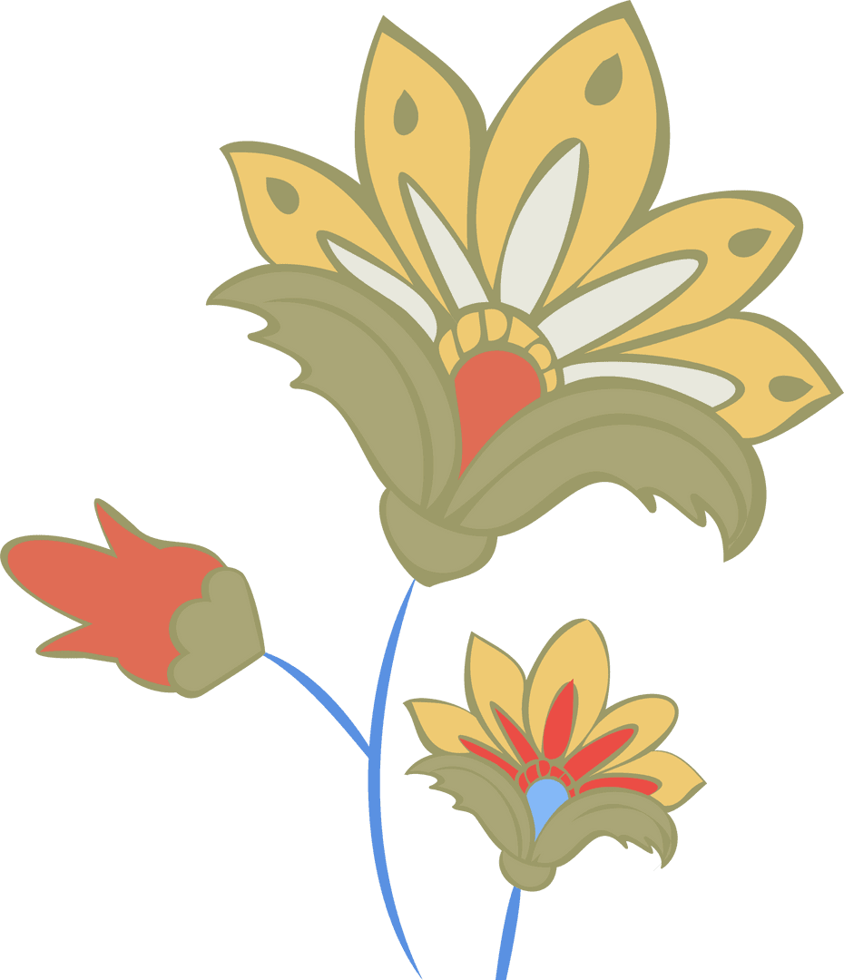 Stylized Floral Trio on Transparent Background with Flat Design Stems