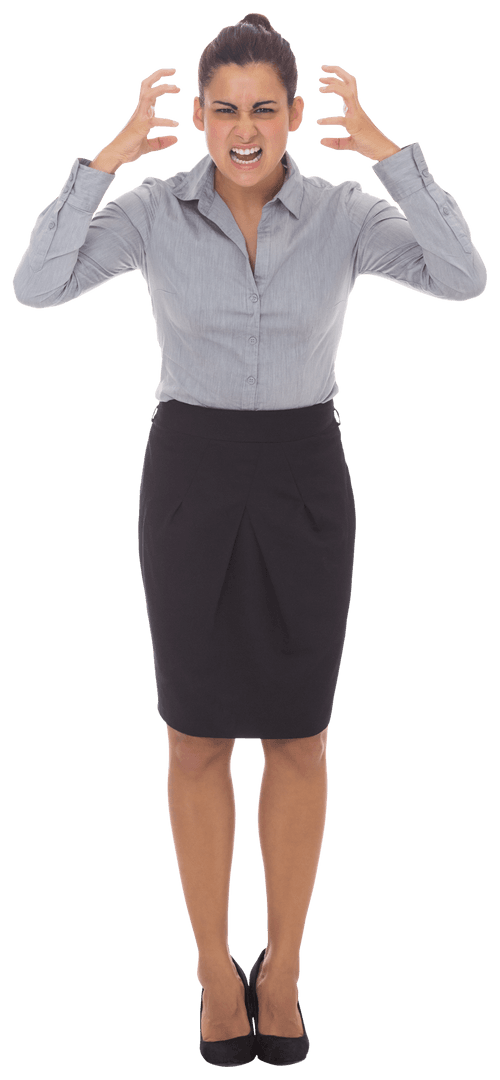 Frustrated Businesswoman on Transparent Background Clenching Fists