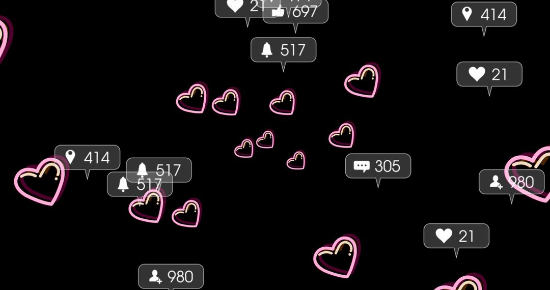 Digital Social Media Reactions with Hearts on Black Background
