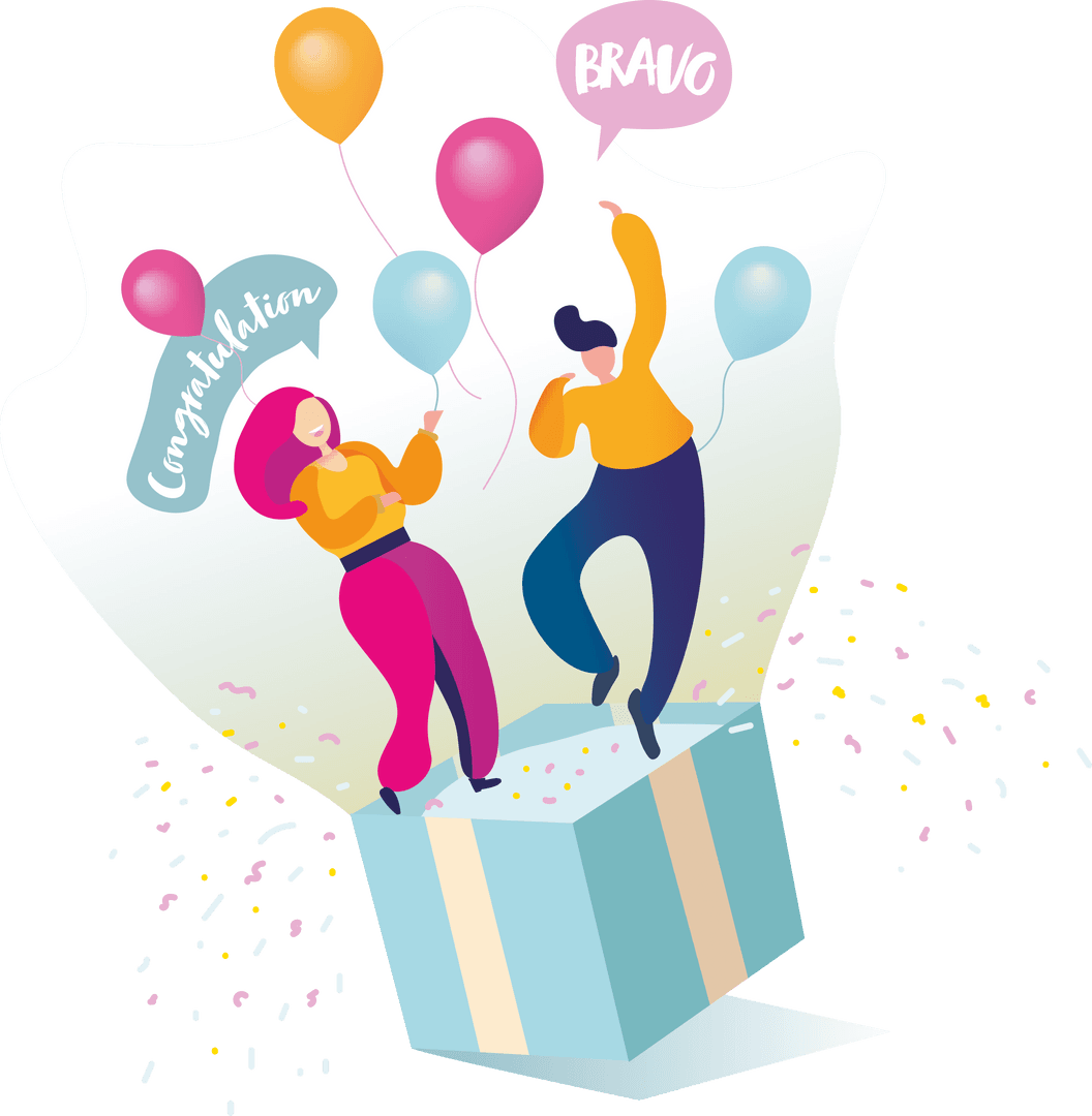Celebratory Surprise Box with Joyful Characters on Transparent Background