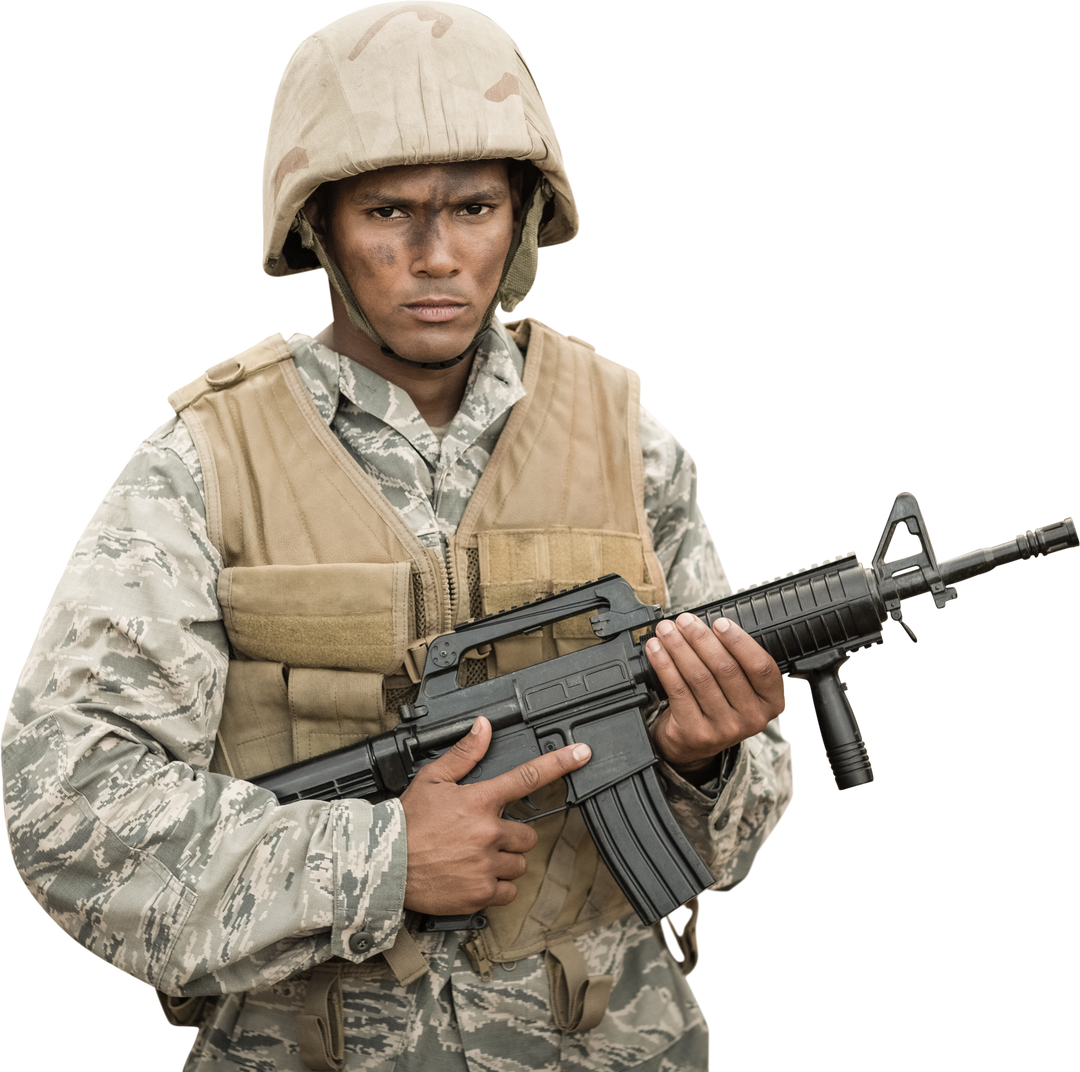 Transparent Military Soldier Holding Assault Rifle Focused Expression - Download Free Stock Images Pikwizard.com