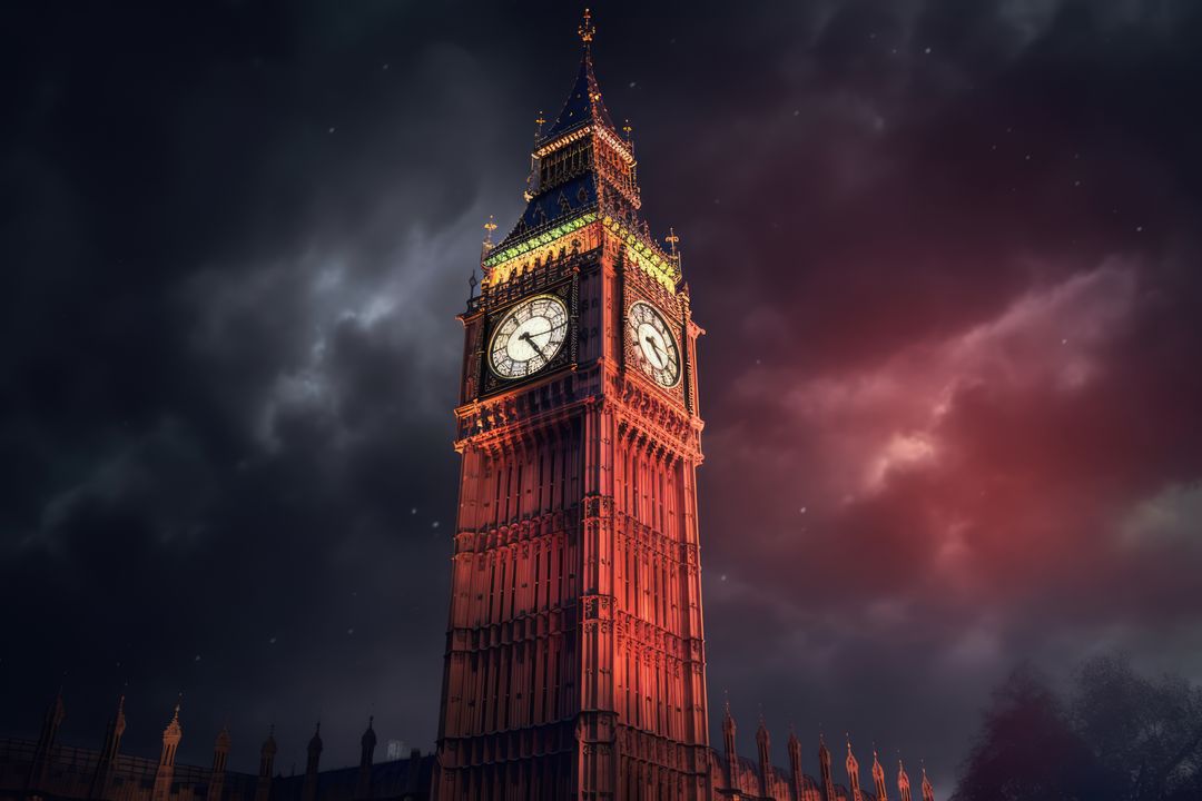 Big Ben Tower Illuminated at Night with Stormy Sky in London - Free Images, Stock Photos and Pictures on Pikwizard.com