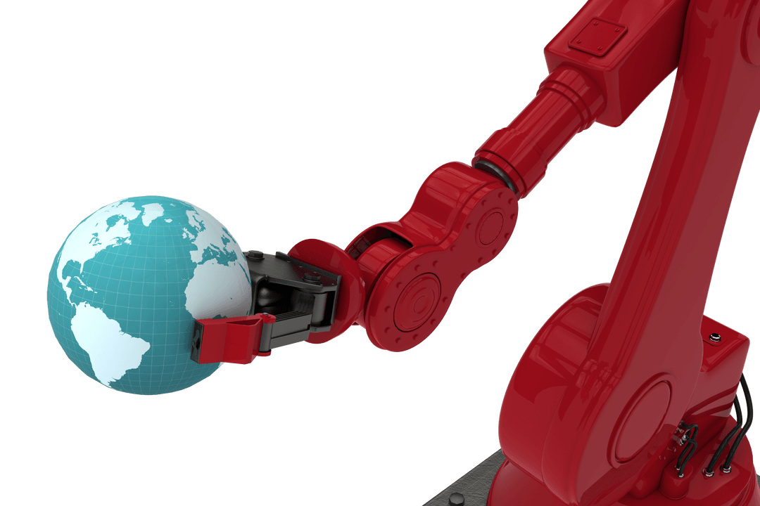 Robotic Arm Holding Digital Globe on Transparent Background
