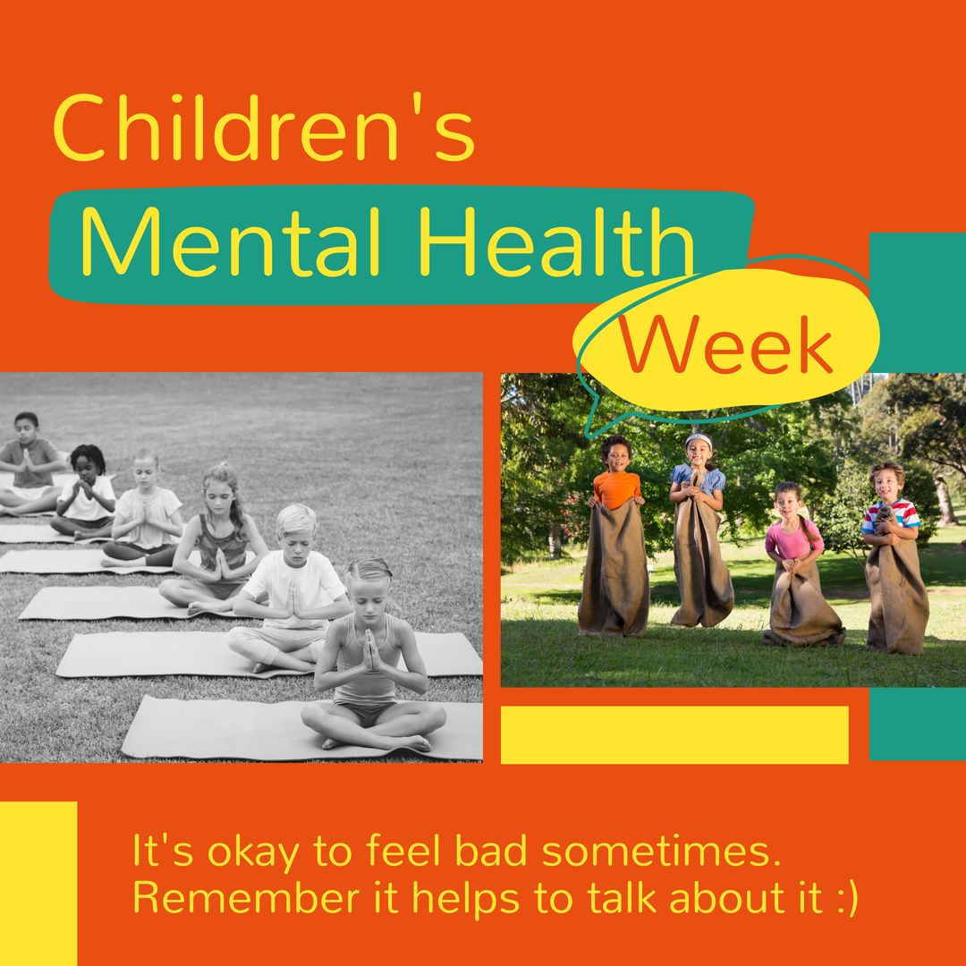 Children's Mental Health Week Poster with Diverse Kids Meditating and Playing Games - Download Free Stock Templates Pikwizard.com
