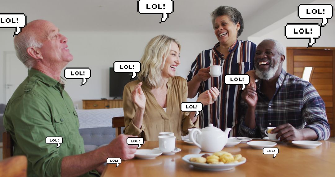Seniors Enjoying Tea and Laughter with Digital LOL Overlays