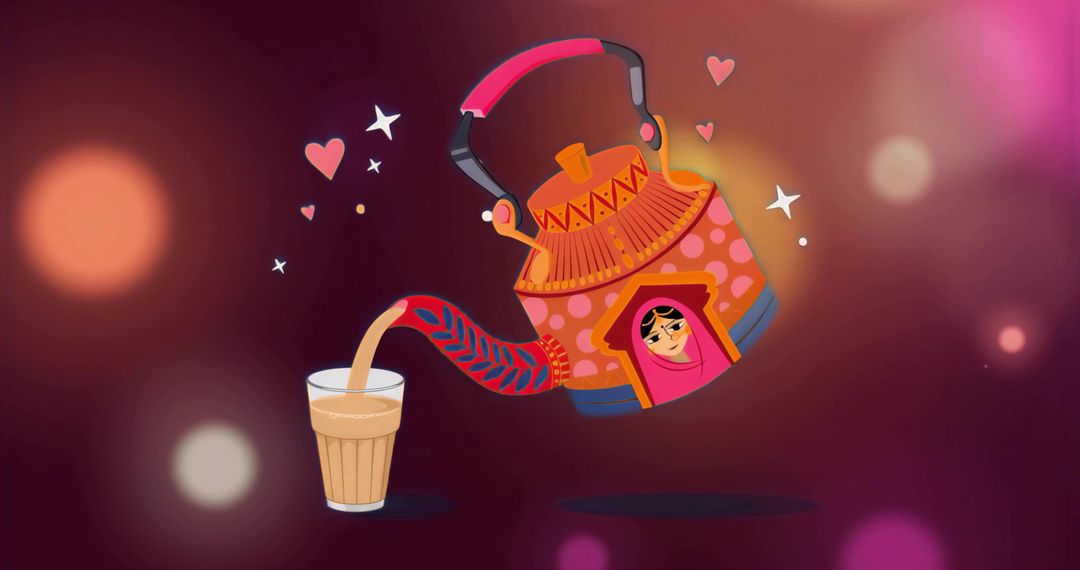 Whimsical kettle pouring steaming chai into glass tumbler with hearts and bokeh lights