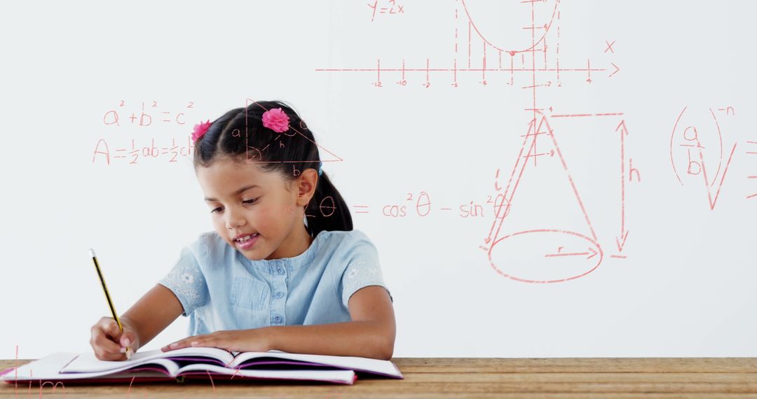Smiling Biracial Girl Studying Mathematics at Desk