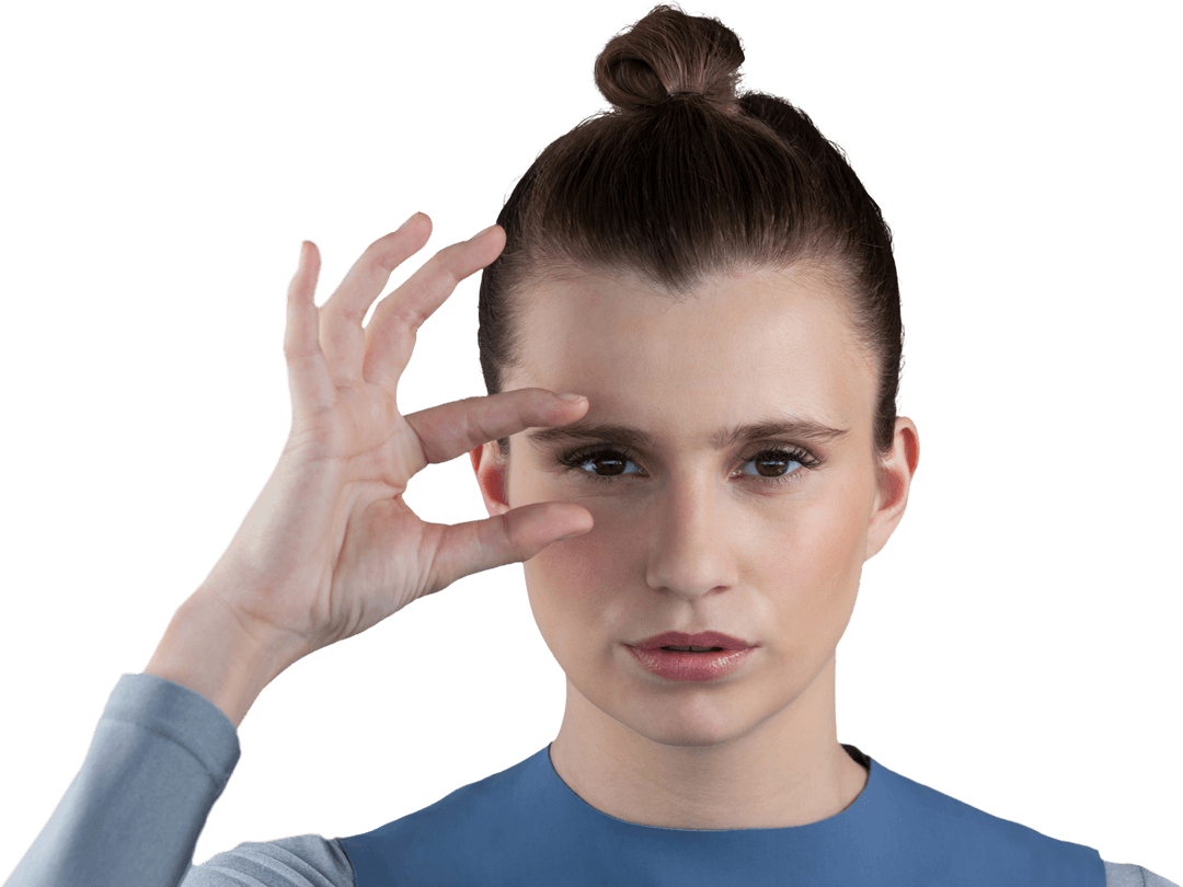 Transparent Background Portrait of Woman with Eyeglasses Gesture