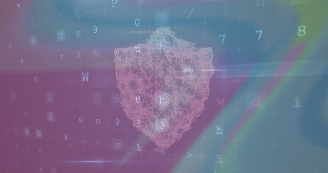 Digital Security Shield Overlay with Floating Code in Soft Pastel Colors