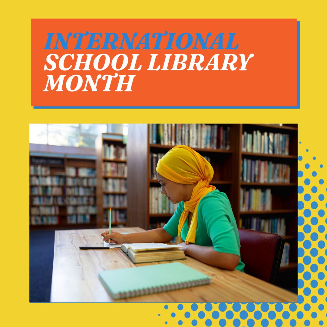 Biracial Woman in Hijab Studying in Library for International School Library Month
