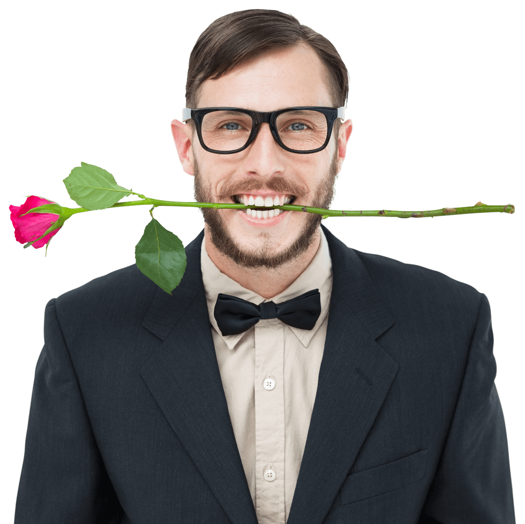 Geeky Hipster Holding Rose Between Teeth Transparent Concept