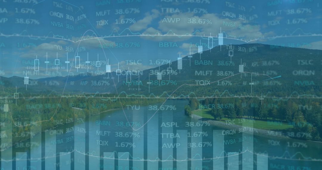 Data Visualization Over Scenic Lake with Charts and Numbers