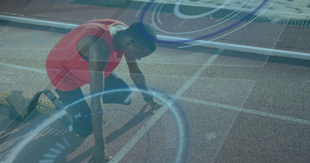 Disabled Runner Prepares to Sprint with Digital Interface Overlay