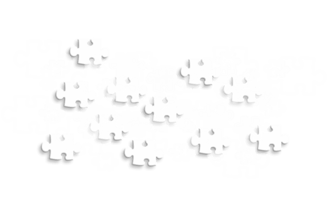 Scattered White Puzzle Pieces Over Transparent Background