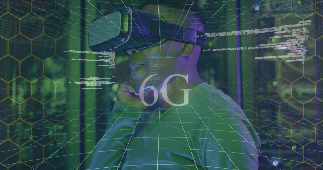 Man Experiencing 6G Network in Virtual Reality Datacenter