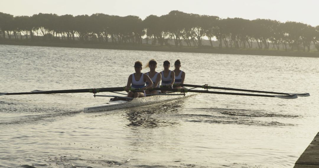 Team of Rowers on Calm Lake During Sunrise - Free Images, Stock Photos and Pictures on Pikwizard.com