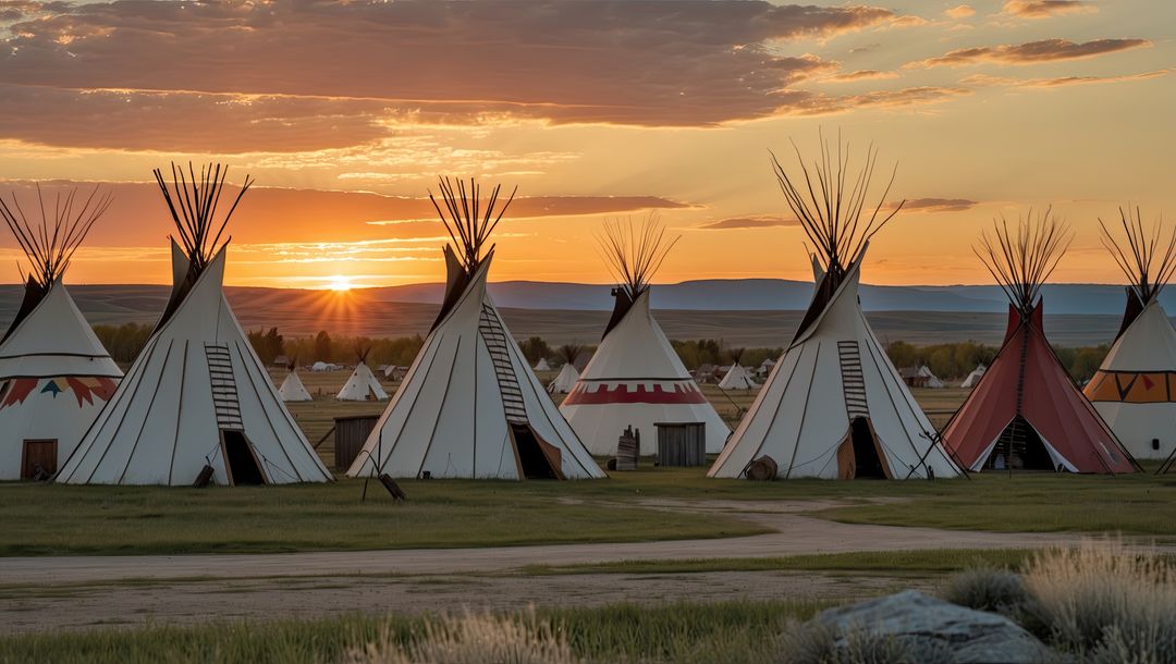Peaceful sunset over native american canvas tipis with geometric art
