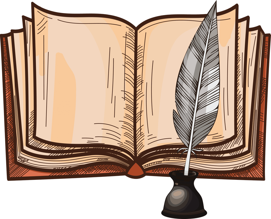 Transparent Open Book with Quill and Ink Pot Illustration