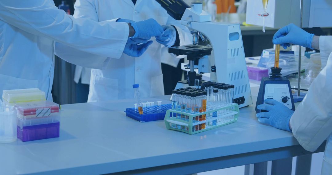 Scientists Collaborating in Laboratory Conducting Experiments with Test Tubes