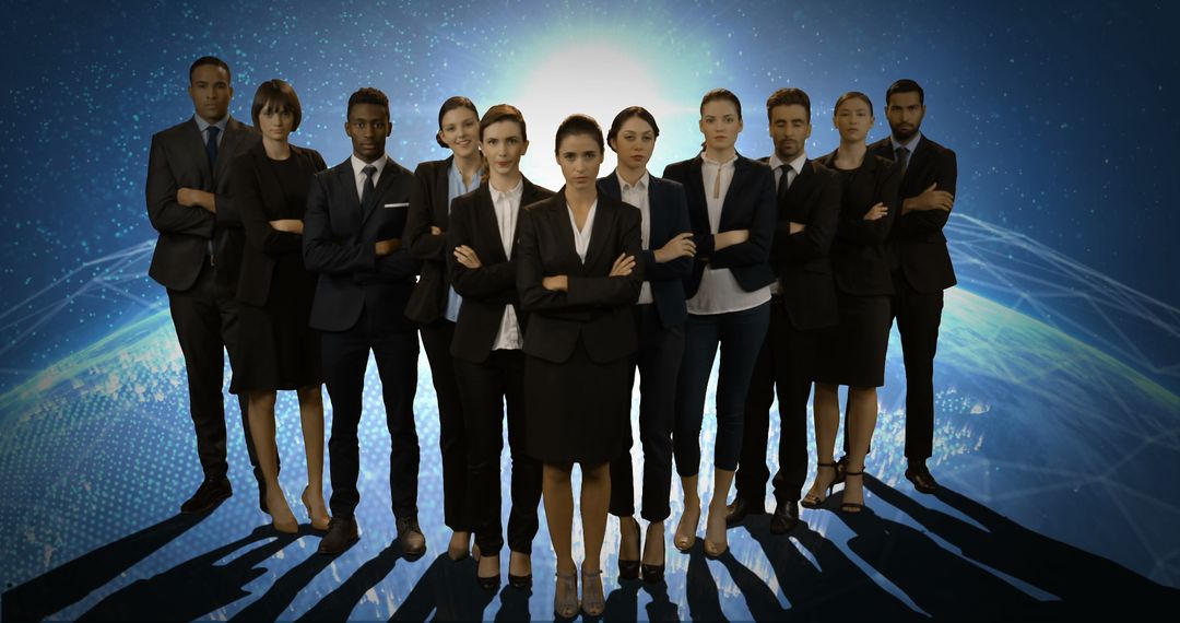 Diverse Business Team Standing With Arms Crossed Against Global Digital Background