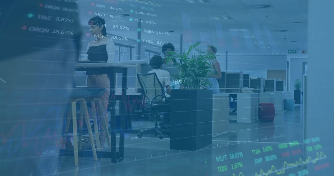 Digital Financial Data Overlay on Busy Modern Office Environment