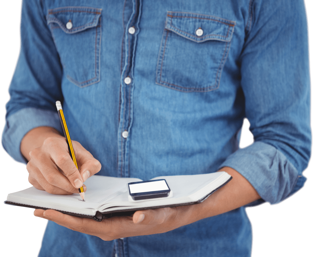 Man in Denim Writing with Pencil on Transparent Background