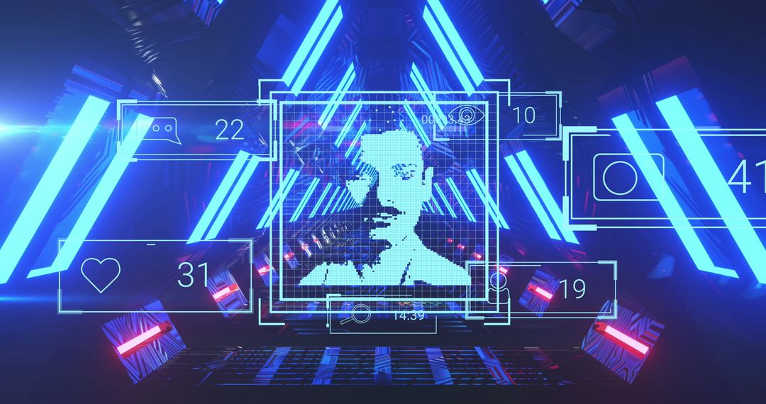 Digital Social Media Interface on Futuristic Neon Tunnel Background