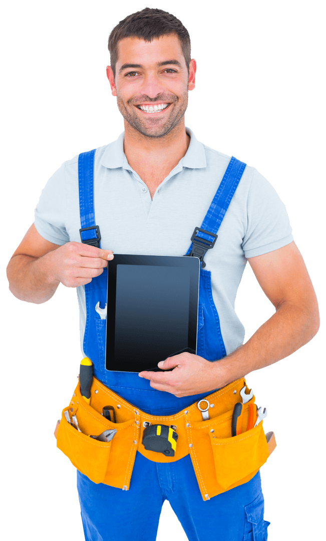 Transparent Smiling Repairman Holding Digital Tablet