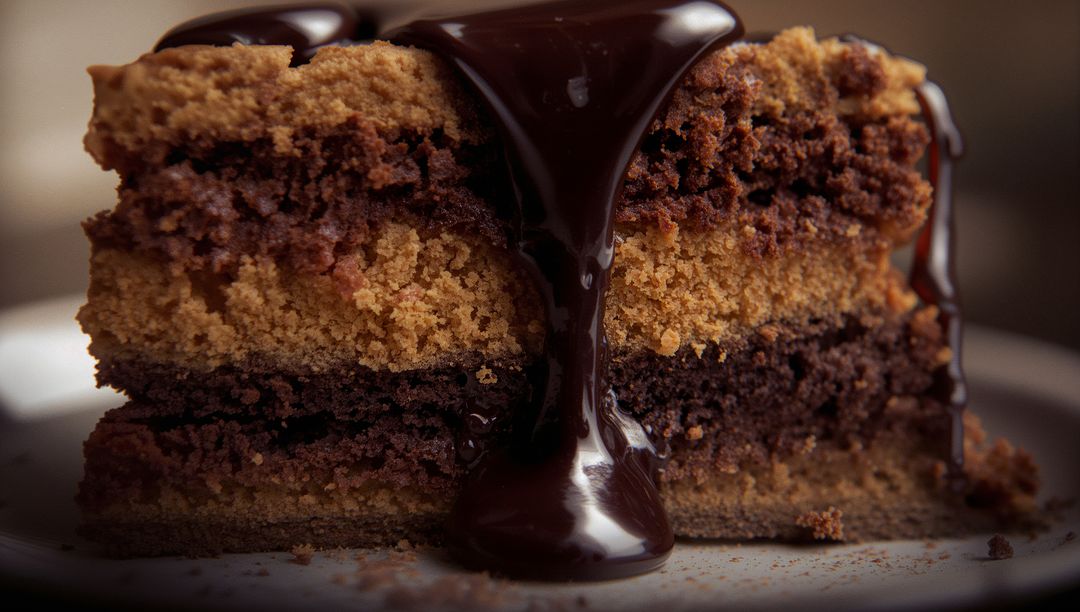 Decadent Layered Cake Slice with Rich Chocolate Drizzle