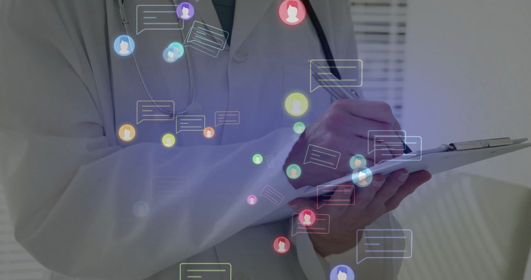 Doctor Using Tablet with Social Media Icons Representing Digital Communication