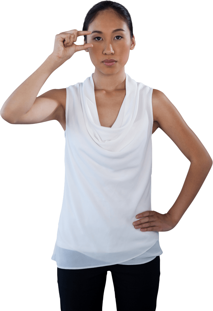 Woman Gesturing Invisible Glasses on Transparent Background Reflects Relational Precision