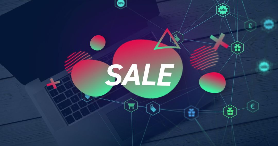 Colorful Sale Graphic Over Laptop Depicting Data Processing Connections