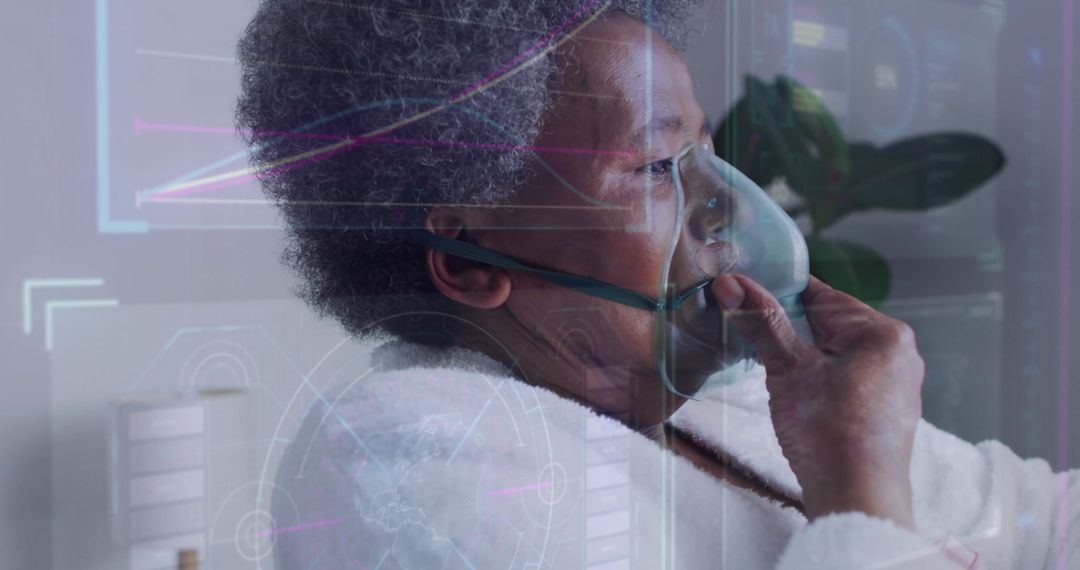 Senior Woman with Oxygen Mask and Digital Data Overlay