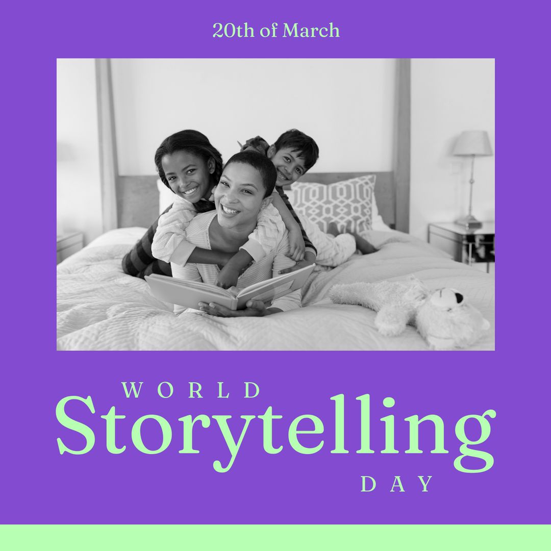 Happy Family Celebrating World Storytelling Day in Bedroom