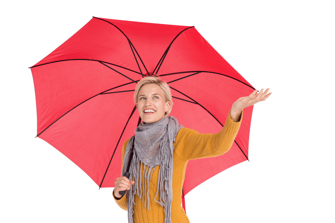 Woman Under Red Umbrella Checking for Rain Transparent Background
