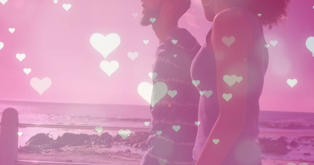 Romantic Coastal Walk with Floating Hearts Overlay