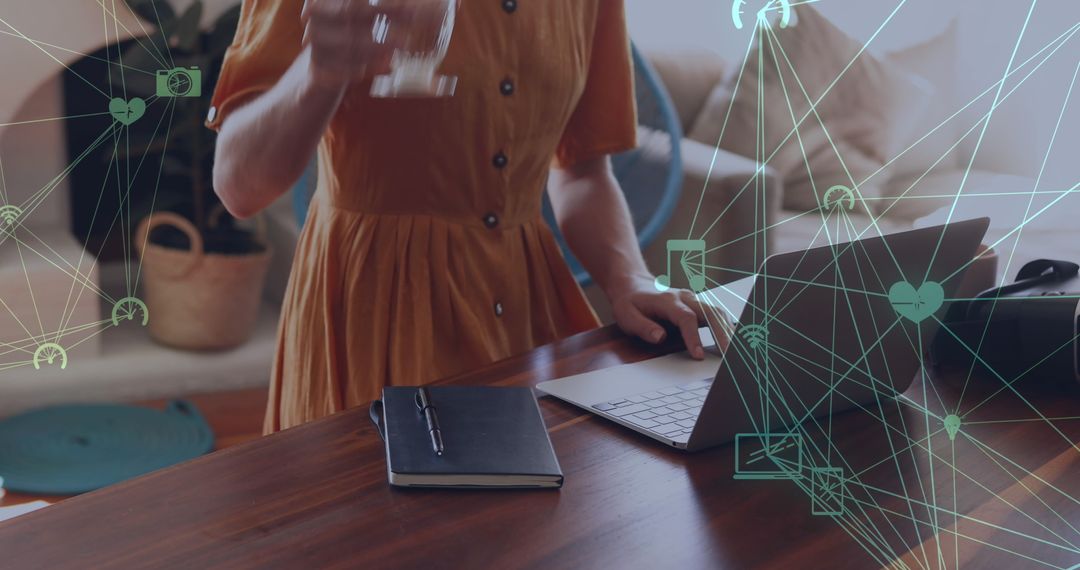 Woman Using Laptop with Social Media Network Overlays