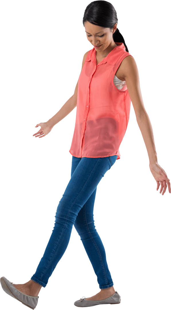 Smiling Caucasian Woman Walking on Transparent Background
