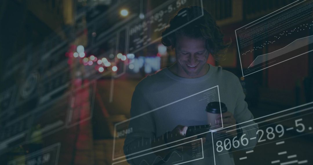 Man Engages with Futuristic Data Overlays in Urban Night Scene