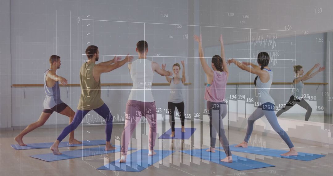 Group Following Yoga Instructor Warriors Pose with Wellbeing Data Visualization