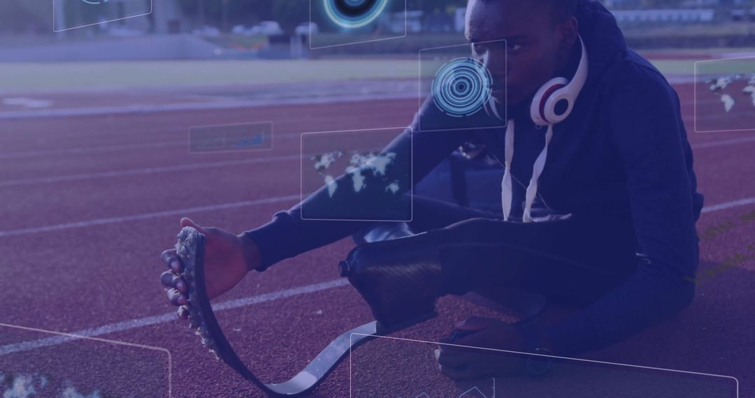 Athlete with Prosthetic Limb Relaxing on Track Analyzing Data