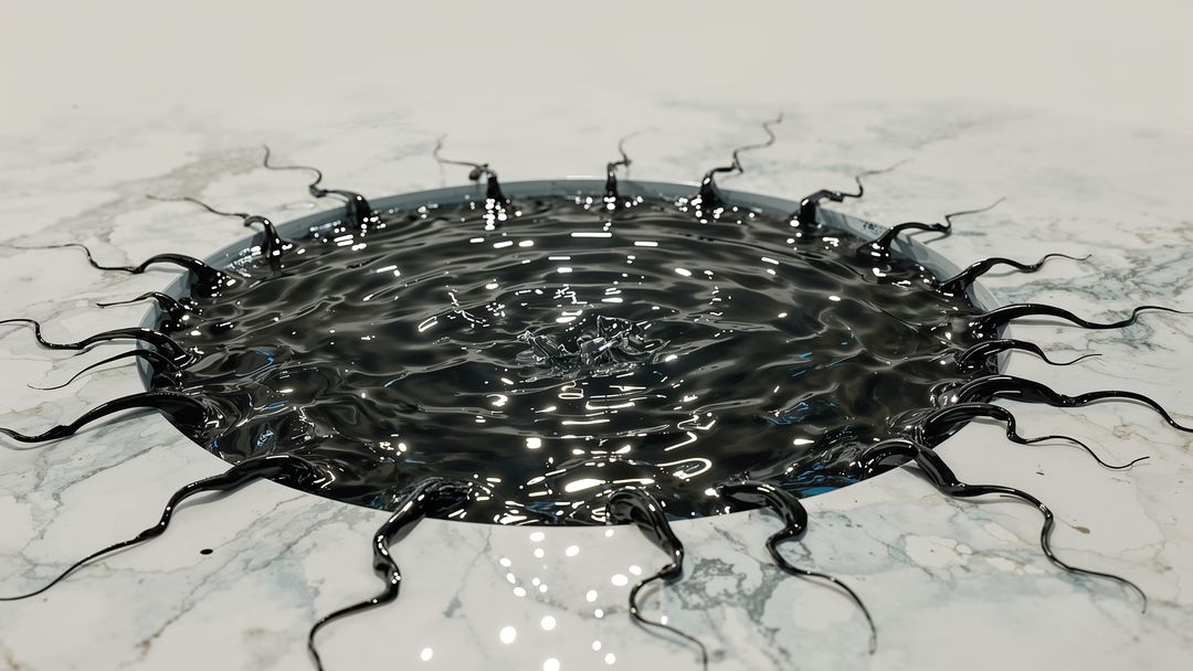 Black Viscous Liquid Pool on Marble with Radiating Tendrils