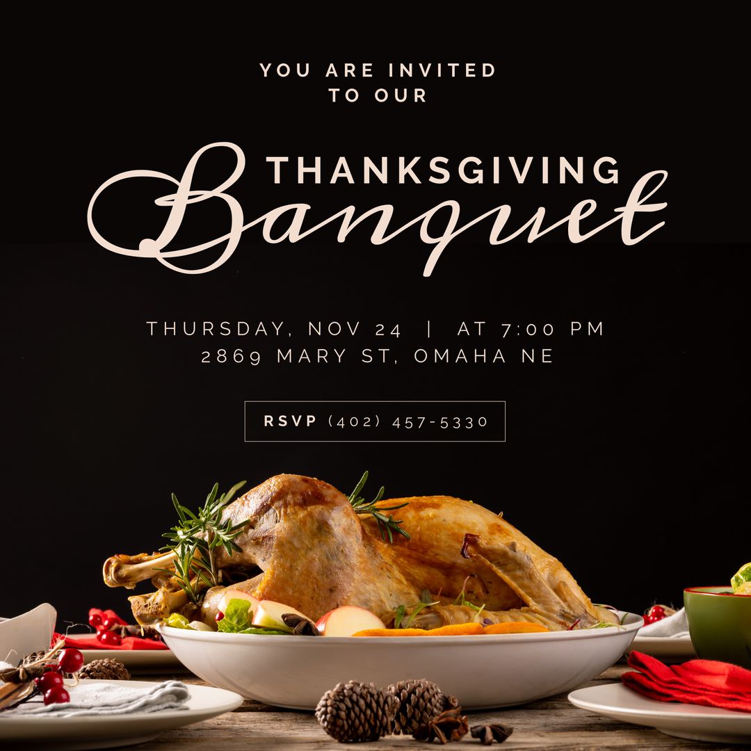 Invitation to Elegant Thanksgiving Dinner with Roast Turkey and Festive Setting