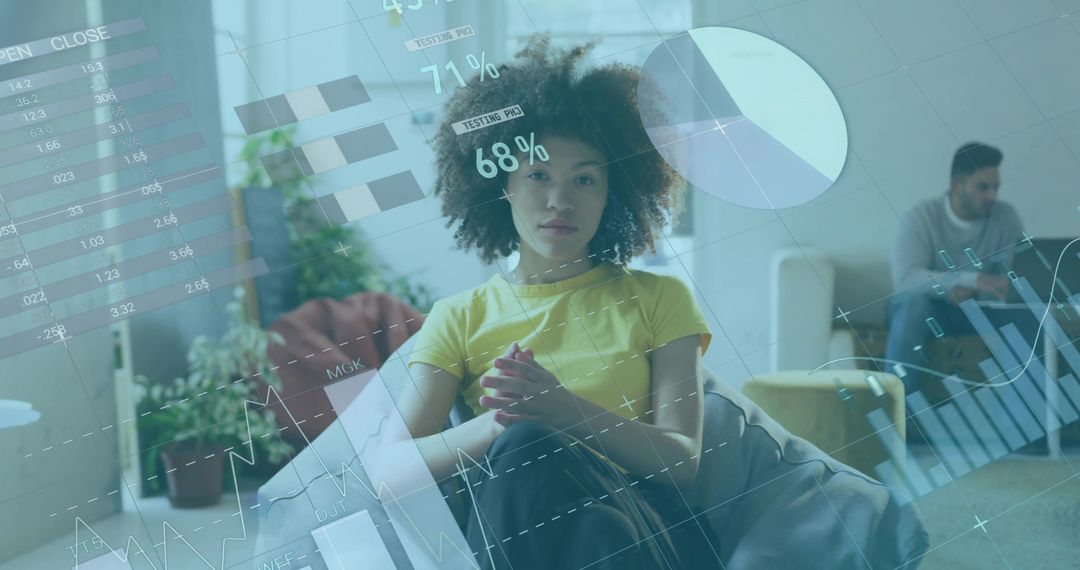 Woman relaxing at home with translucent data overlays showing charts and analytics