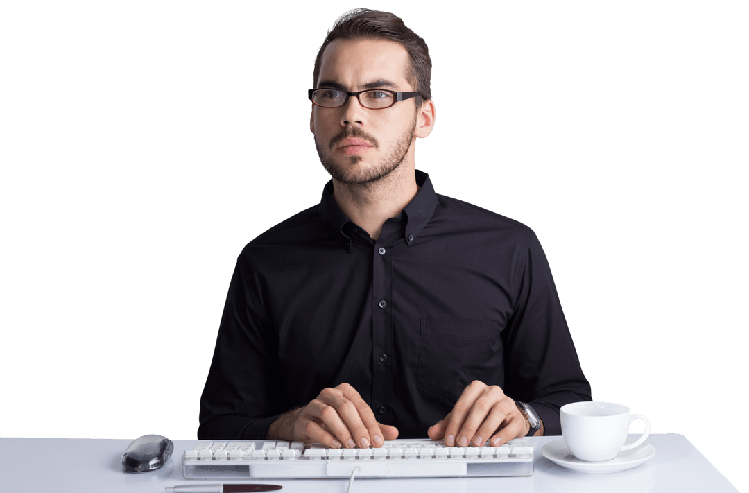 Focused Businessman with Glasses Using Transparent Computer Workspace - Download Free Stock Images Pikwizard.com