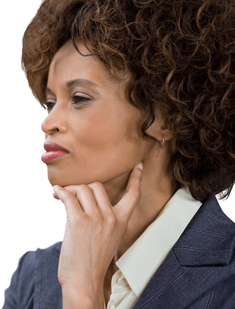 Transparent Thoughtful Professional Woman with Curly Hair Close-Up