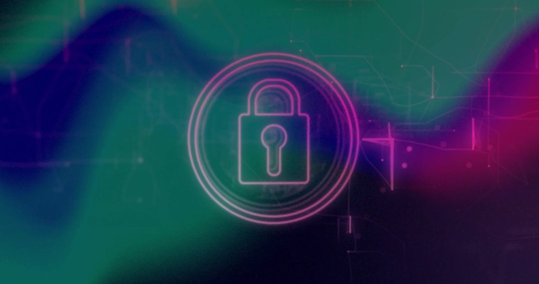 Glowing Neon Padlock Cybersecurity Concept in Digital Network