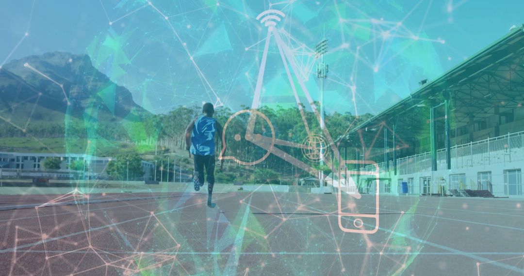 Teen Runner on Track with Technology Network Overlay