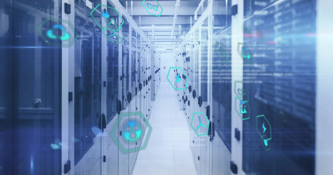 High-Tech Server Room with Digital Data and Eco Icons